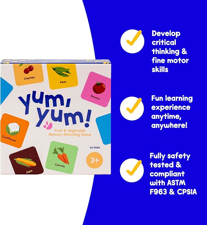 Yum, Yum! Fruit & Vegetable Memory Matching Game for Kids | Ages 3 & Up | 20 Matching Pairs | Fun and Educational Learning Toy for Families | Travel Size
