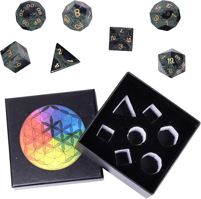 Nupuyai Healing Kambaba Jasper Stone D&D Polyhedral Dice Set with Box for Dungeons and Dragons, Set of 7 Table Top Game Dice for RPG MTG Roleplaying Collection