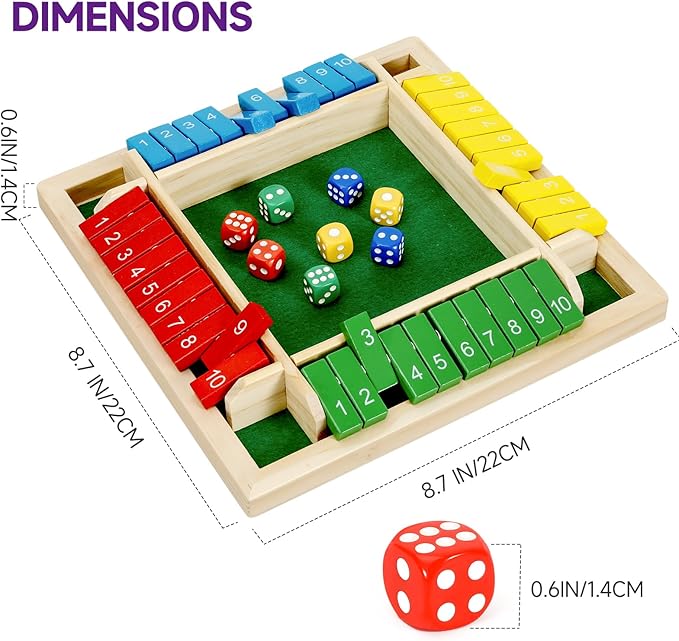 1-4 Players Shut The Box Dice Game, 10 Numbers Traditional Wooden Pub Bar Board Game, Family Classics Tabletop Version Games for Classroom, Party, or Pub