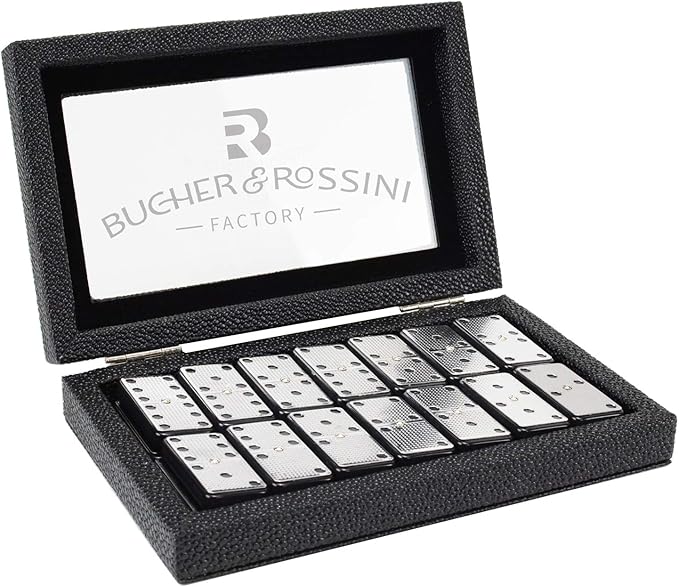 Bucher&Rossini Metal Surface Dominoes Set Double 6 - Claasic Black Domino's Game Set with Silver Metal Surface for Adults and Kids Ideal Gift for Domino Players or Family Game Night