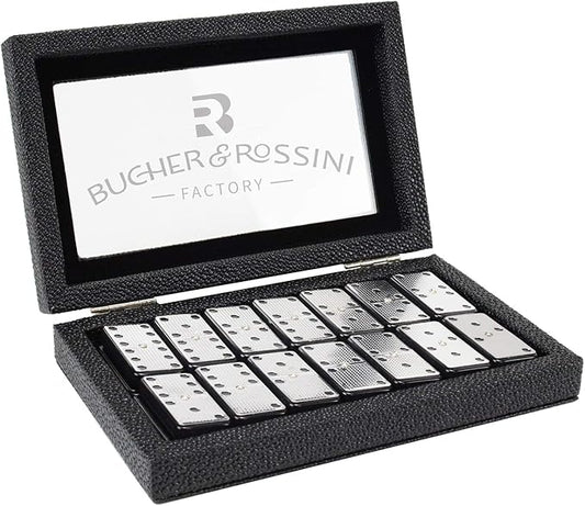 Bucher&Rossini Metal Surface Dominoes Set Double 6 - Claasic Black Domino's Game Set with Silver Metal Surface for Adults and Kids Ideal Gift for Domino Players or Family Game Night