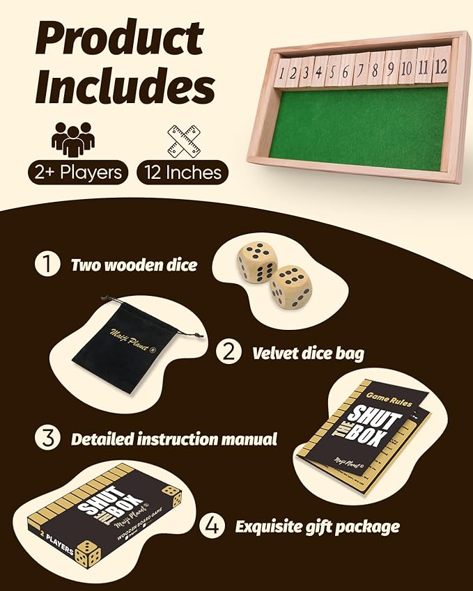 12 Numbers Shut The Box Game, Math Dice Board Game for Family Night Classroom Travel, Wooden Classic Table for Group Kid Adult Senior, Travel Party Bar, Easy Quick and Fun, Portable Style