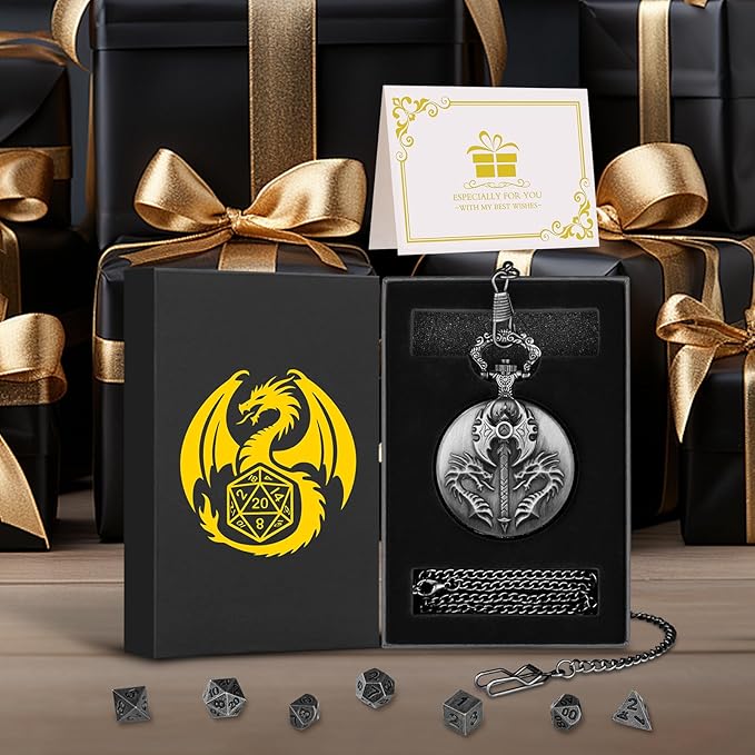 Mini DND Dice Set with Double Headed Dragon(Top Double-Sided Axe) Pocket Watch Case, 7-PCS Polyhedral Metal D&D Dice, DND Gifts with Gift Box, Role Playing Game Board Game Accessories Dice, Silver