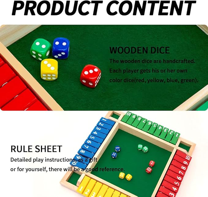 Nicecho Shut The Box Dice Game,2-4 Player Family Wooden Board Table Math Games for Adults and Kids, 8 Dices Classics Tabletop Version Games for Classroom,Home,Party or Pub