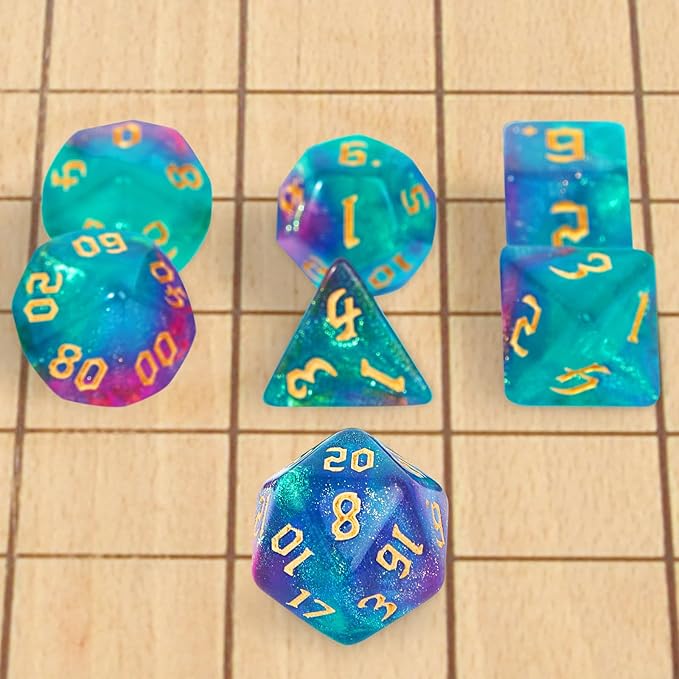 DND Polyhedral Dice Set with a Black Dice Bag for D&D RPG MTG Role Playing Table Games RPG Polyhedral Dice for Dungeon and Dragons Playing Games 7-Die Set (Green&Purple+Nebula Dice)