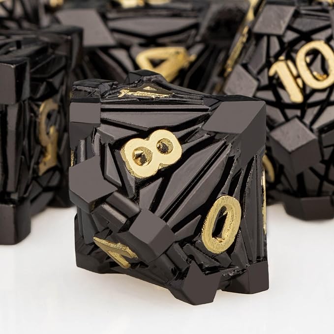 7PCS Metal DND Dice Set with Box, Debris RPG Black Gold D and D Dice for use with D&D Tabletop Games Role Playing Game Polyhedral Dice Set D20 D12 D10 D8 D6 D4