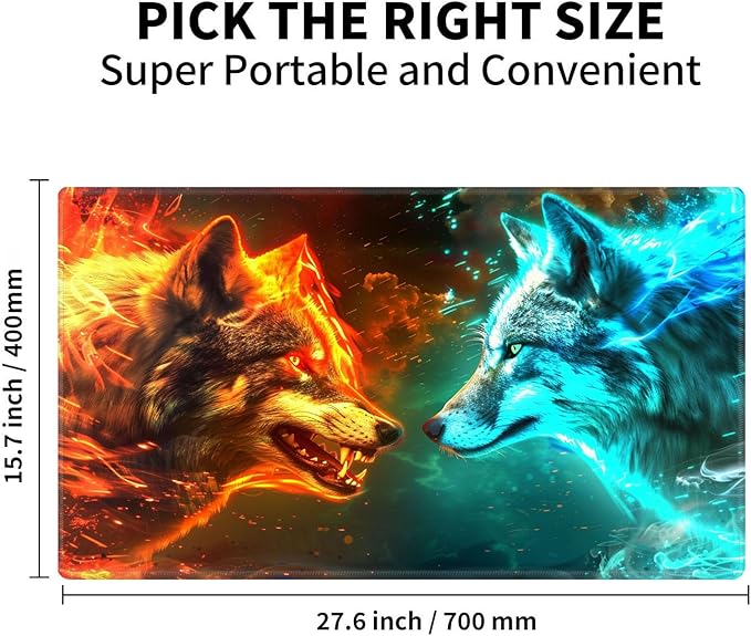 for MTG Playmat for Trading Card Games, Non-Slip Rubber Smooth Surface with Stitched Edges, Durable Desk Pad for Card Games, Custom Anime Playmat, Wolf Head in Fire Ice Blue
