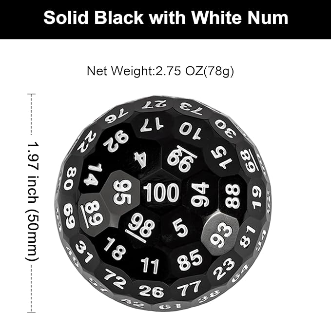 Upgraded 100 Sided Dice, 50mm Polyhedral D100 Die, D&D Game Dice, Cube with Metal Storage Tin (Black/White Font)
