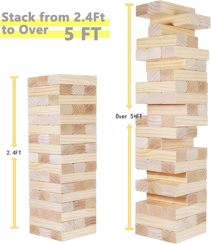 GOROCK Large Size Tumble Tower 60 PCS Wooden Block Stacking Games Stacks Over 5FT Classic Indoor Outdoor Lawn Family Party Games for All Ages (7.15"X2.38"X1.43")