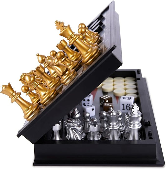 Gamie 3 in 1 Magnetic Travel Chess Set - Portable Chess, Checkers, Backgammon Set - 9 Inch Magnetic Chess Board for Road Trips - Travel Games for Kids and Adults - Gift Idea for Ages 3 and Up