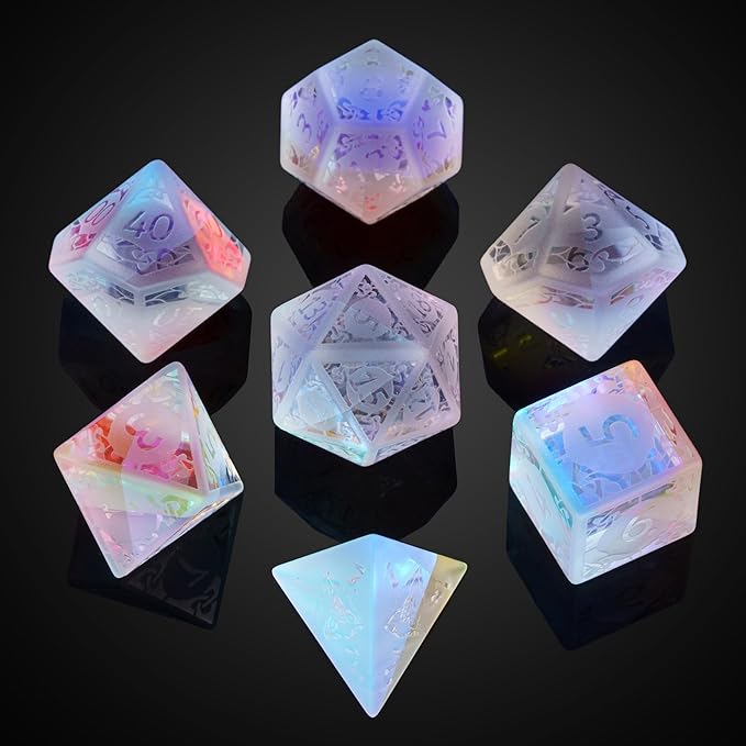 UDIXI Prism Glass DND Dice Set, 7PCS Frosted Glass Dice Rainbow Glass D and D Dice for Dungeons and Dragons Table Games D&D (Sandblasted Prism Glass)