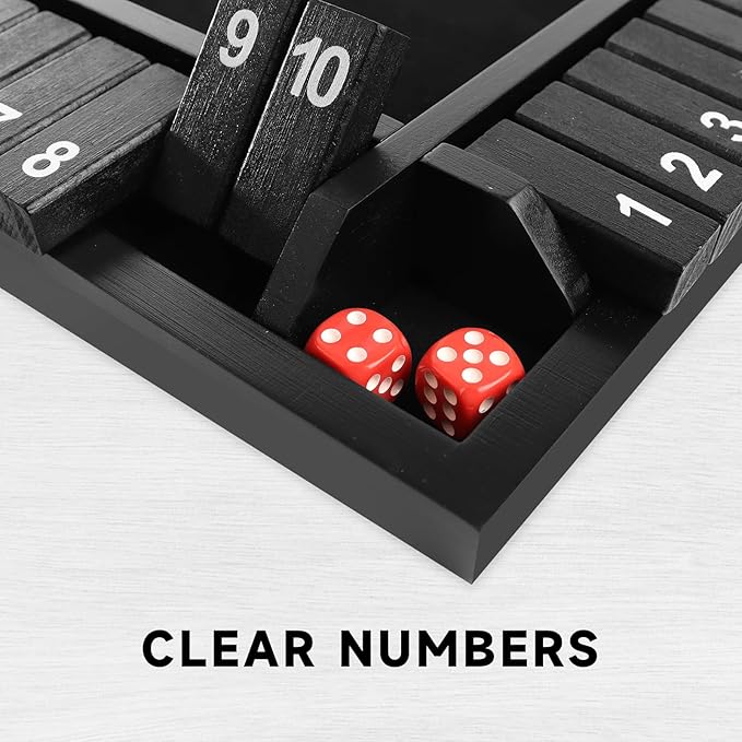GSE Games & Sports Expert 1-4 Player Wooden Shut The Box Dice Board Game with 8 Dice. 4-Way 10 Numbered Shut The Box Set of Popular English Pub Board Game - Black