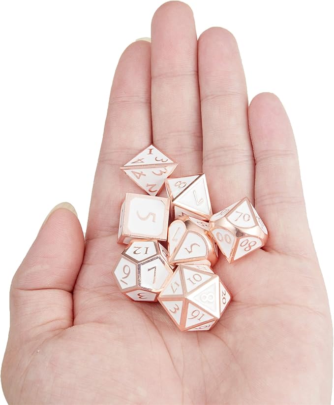 MIYUDAIS Polyhedral Metal Game Dice Rose Gold White 7pc Set for Dungeons and Dragons RPG MTG Table Games D&D Pathfinder Shadowrun