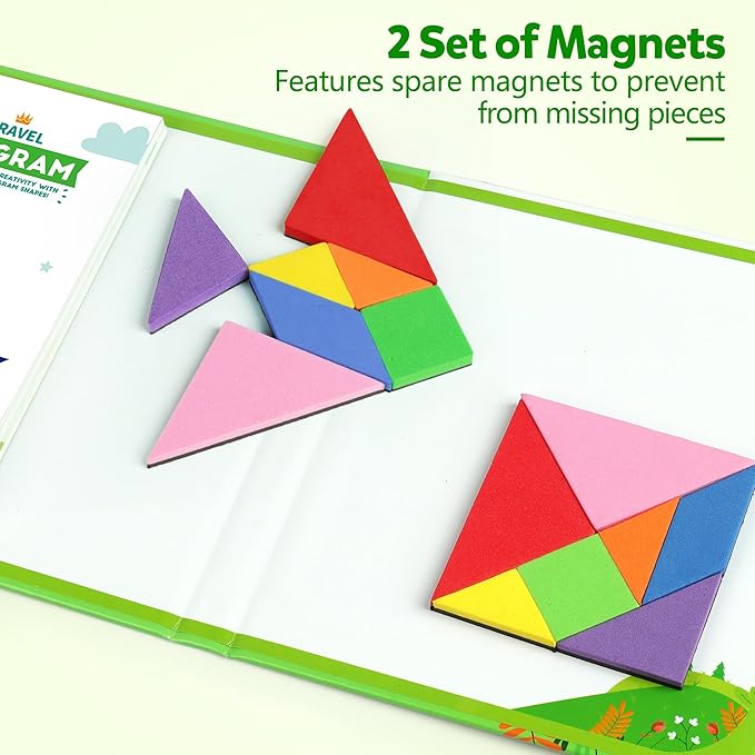 Travel Tangram Puzzle - Magnetic Puzzle Book for Road Trips, STEM Jigsaw Game with 2 Tangram Sets, Patterns Solutions - Brain Teaser IQ Toy for Kids and Adults, Ideal Educational Gift (368)