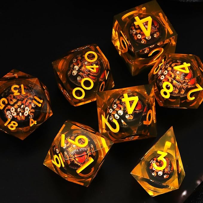 Cthulhu Beholder Polyhedral Resin Dice Set for Dungeons and Dragons Sharp Edge 7 PCS for D&D RPG Starter and Role-Playing Games, with Gift Box (Yellowish-Orange)