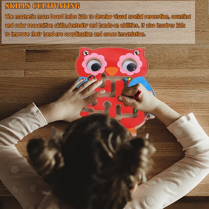 Wooden Maze Toys,1 Pack Maze Puzzle Game Montessori Labyrinth STEM Activity Puzzle Fine Motor Skill for 3 4 5 and 6 Year Old (Owl)