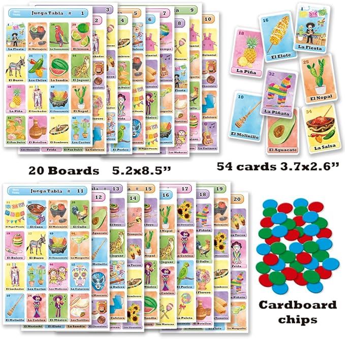 Loteria Fiesta Deluxe Game Set in Spanish, for Up to 20 Players - 20 Boards, Full Deck of Cards and with Chips