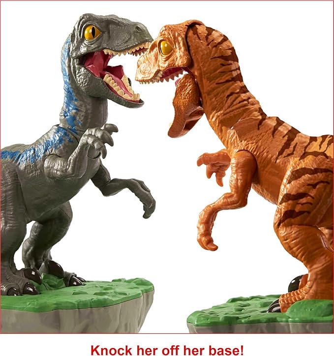 Mattel Games Rock 'Em Sock 'Em Raptors Jurassic World Domination Kids Game Fighting Raptors with Blue vs Atrociraptor