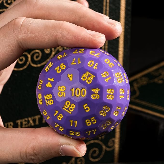 Upgraded D100 Dice, Single 100 Sided Polyhedral Dice D100 Die 50mm, D&D Dice D100 Game Dice, 100 Sided Cube with Metal Storage Tin(Purple/Yellow Font)
