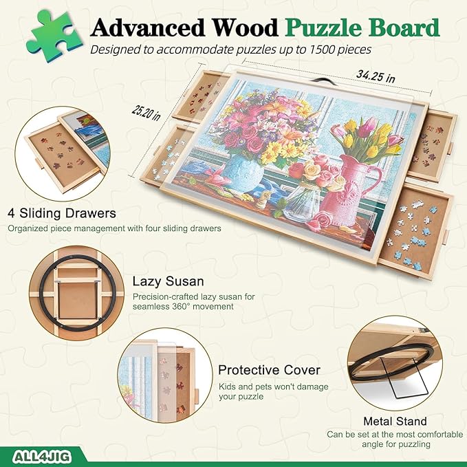ALL4JIG 2-in-1 Tilting & Rotating Puzzle Board for 1500 Pieces, 34.2" x 25.2"Adjustable Angle Puzzle Board with 4 Drawers & Clear Protective Cover, Birthday Gift for mom
