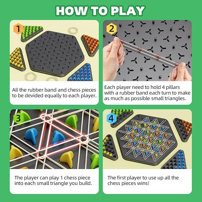 Chain Triangle Chess Game, Strategy Board Games for Kids 4-6-8-12, Chess Board Games for Adults, Family Games for Kids Adults, Triangle Rubber Band Game, 2 to 4 Players, Kids Christmas Birthday Gifts