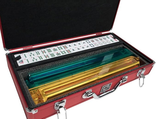 American Mah Jongg Set by White Swan – 166 White Engraved Tiles – 4 x All-in-One Rack/Pushers – Aluminum Case - Red