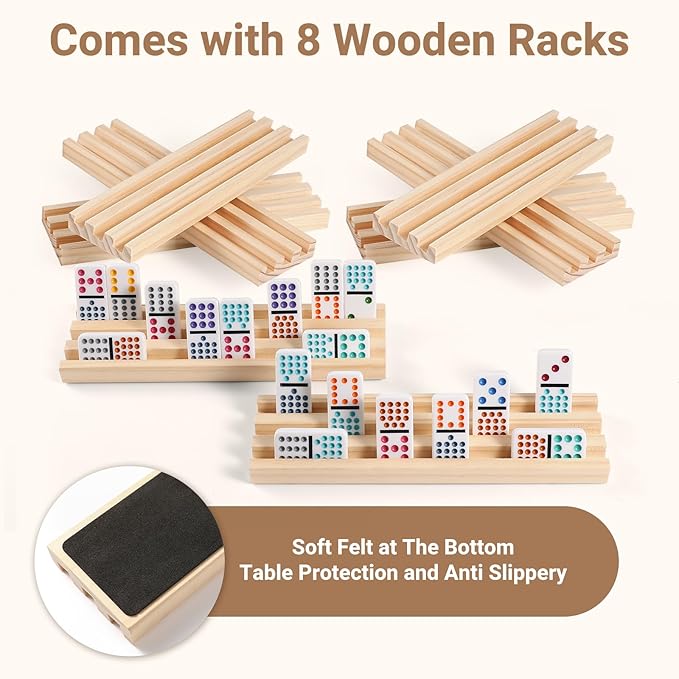 Mexican Train Dominoes Set with 8 Wooden Trays/Racks, Double 15 Dominos Travel Set with 8 Tiles Holders, 136 Tiles Double 15 Colored Dominoes Game Set with Zippered Case for Family Kids