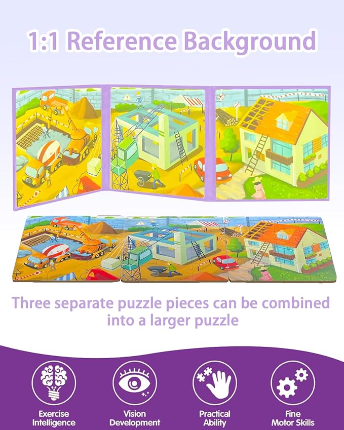 Magnetic Puzzles for Toddlers, 37 Pieces Travel Puzzles Game Magnetic Jigsaw Puzzle Magnet Puzzle Book for Kids Car Traffic Activities Toy for Boys and Girls 3-5 Year Old (Building)