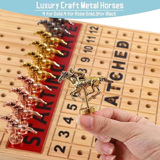 21 in Large Horse Racing Board Game Comes with 11 Luxurious Metal Horses, 2 Dice and 2 Boxes of Cards Solid Wood Horse Racing Board Color Box Packaging Finish Line Game Horse Racing Set (Log Color)