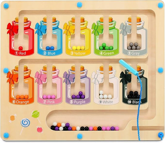 Magnetic Color and Number Maze, Montessori Toys Toddler Fine Motor Skills, Wooden Magnet Board Puzzle Game Color Sorting Counting Matching, Learning Gifts for Boys Girls 3 4 5 Years Old