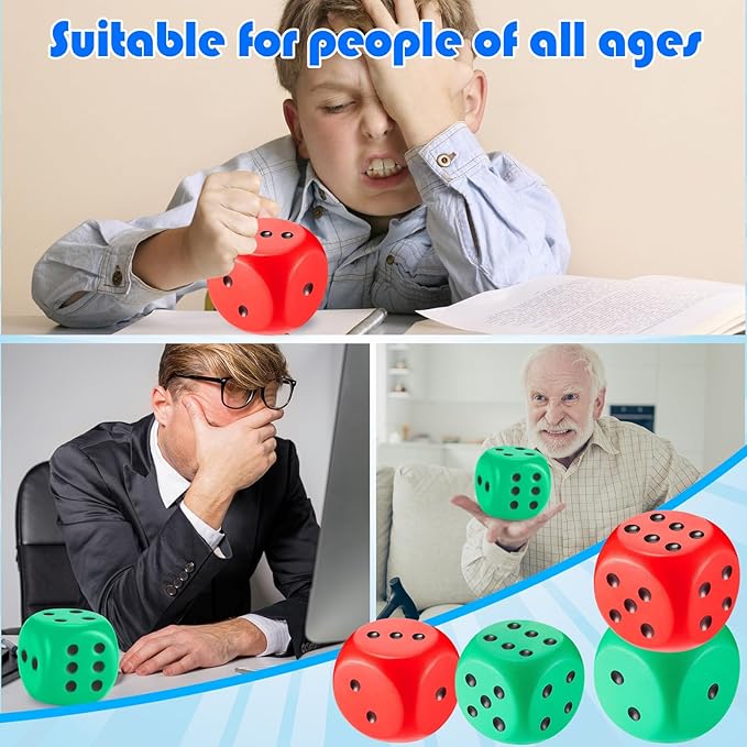 Zomiboo 2 Pcs Large Foam Dice Stress Balls Soft Jumbo 6 Sided Giant Dice Educational Learning Squeeze Anxiety Relieve Toy Gifts for Adults Kids Board Game Classroom(Red, Green,3.93 Inch)