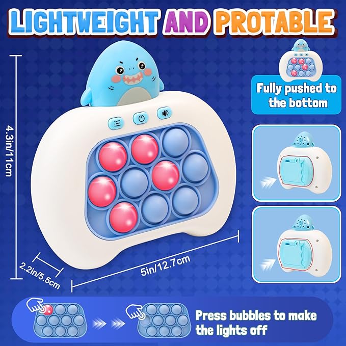 Fast Push Game Pop Toy - Electronic Quick Push Bubble Sensory Fidget Toys Light up Handheld Games with Music, Birthday Toys for Kids Teens Adults Boy Girls (Shark)