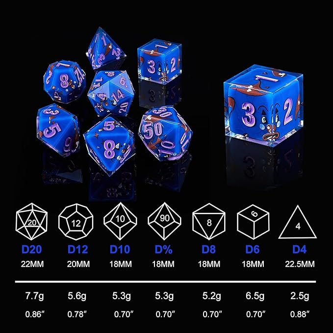 DND Dice Set Polyhedral, IDTQ Dungeons and Dragons Purple Dice Set RPG MTG Table Games 7-Die Resin Sharp with Acrylic Starlight Accent Box (Expression-Blue)