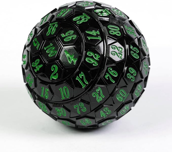 100 Sided Polyhedral Dice, Single D100 Game Dice, 100 Sided Cube with Black Pouch, D100 die 48 mm (Black with Green Number)