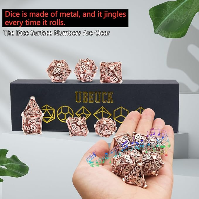 DND Metal Dice Set, UBEUCK 7PCS Gear Metal DND Dice Set for Dungeons & Dragons Board Games Boxes(Gear red)