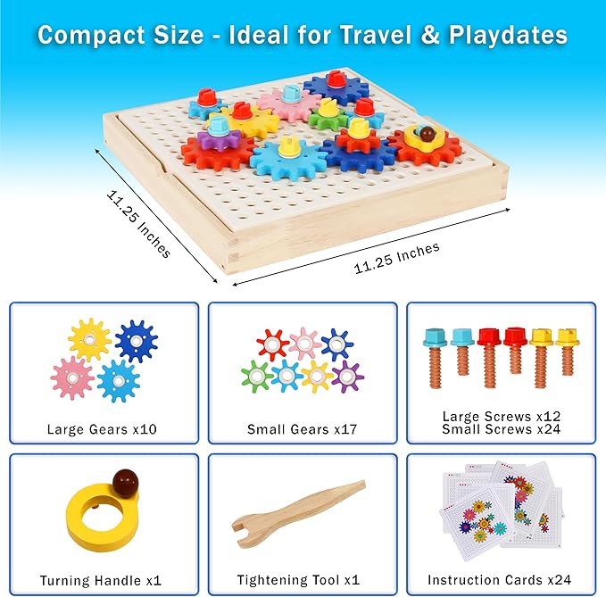 Montessori Gear Puzzle Game, Wooden Colorful Gears and Screws, Montessori-Inspired Learning, Educational Learning & Fine Motor Skills, for 3 4 5 6 7 8 9 Year Old