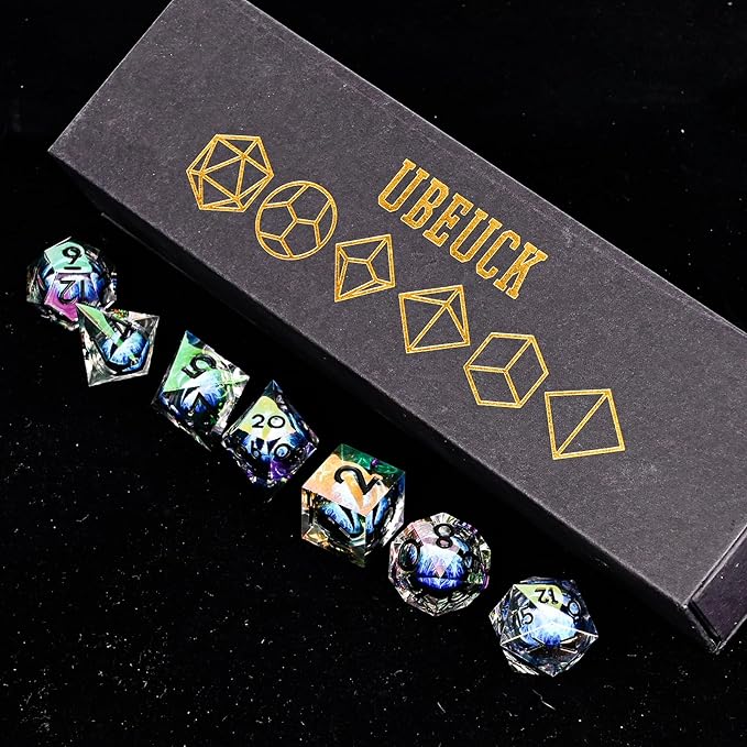 Electroplated Resin Dice Set, Resin Edge Sharp for Dungeons & Dragons RPG, MTG Board Games with Gift Box(Electroplating Blue Longan)