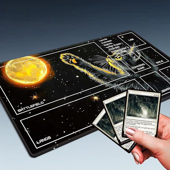 MTG Playmat Size 23.6x13.8in with Storage Bags Portable Playmat TCG and Board Game Mat for Cards Rubber Base Slip-Resistant Mousepad Desk Mat (Moon/Cat,with Zone)