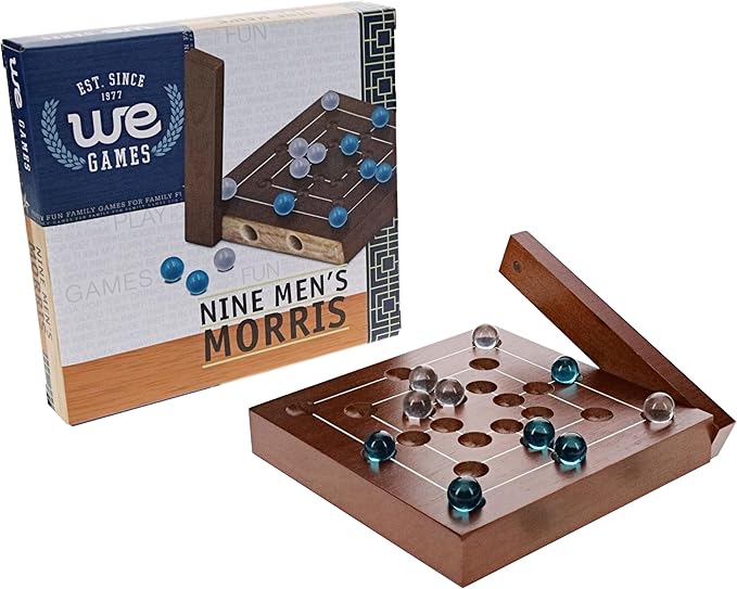 WE Games Nine Men's Morris Board Game, 5 inch Travel Size - Solid Wood Board with Magnetic Closure, 9 Clear & 9 Blue Marbles, Classic 2-Player Strategy Game for Adults, Perfect for Game Nights