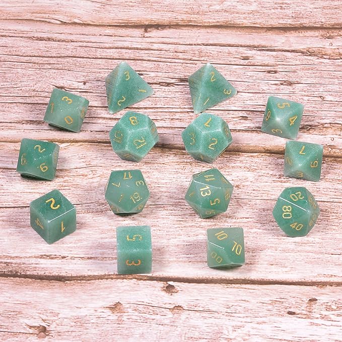 TUMBEELLUWA Engraved Crystal Stone Polyhedral Dice Set for RPG MTG Dungeons and Dragons Table Game 7 Pieces DND Board Game Dices with Pouch, Green Aventurine