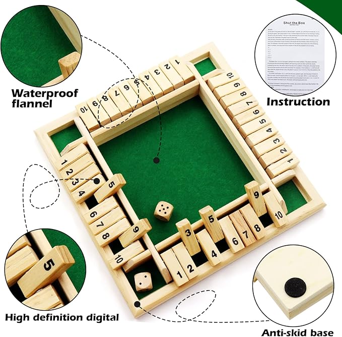 Dice Game Shut The Box Game Wooden Board Game with 10 Dices,a Classic 4 Sided Family Math Game for 2-4 Players Dice Board Game Shut-The-Box(Kids or Adults)
