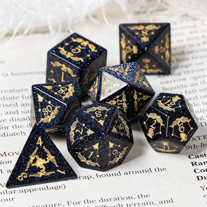 UDIXI Christmas Gemstone Dice Set, 7PCS Crystal DND Dice for Dungeons and Dragons, Handmade Stone Dice for Table Games (Blue Sandstone)