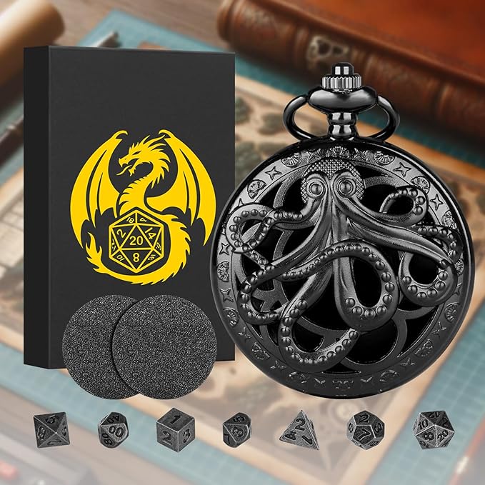Mini DND Dice Set With Steampunk Hollow Octopus Pocket Watch Shell Case, 7pcs Polyhedral Metal Dice Set, D&D Gifts With Gift Box, Role Playing Board Games Accessories, Black