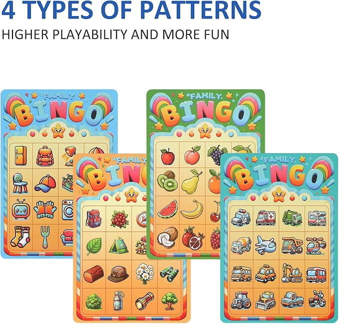 Family Bingo Game for Toddlers & Kids | 4-in-1 Visual Bingo Set with Household Items, Cars, Fruits & Camping Gear | Family-Friendly Board Game for Learning & Fun| 2-4 Players