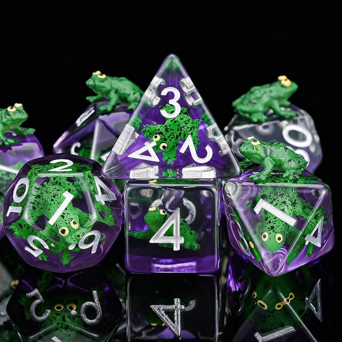Resin D&D Dice Set, Green Frog Animal Polyhedral Dice for Dungeons and Dragons, RPG, MTG DND 7-DIE (D4, D6, D8, D10, D12, D20, D%)