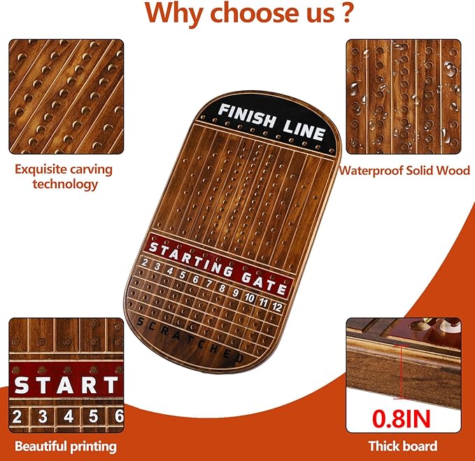 Large 21 Inches Horse Race Board Game Thickened Wood Finish Line Horse Racing Game for Friend's Party Included 11 Metal Horses,2 Dices and 2 Decks of Cards（Oval,Vintage Flame）