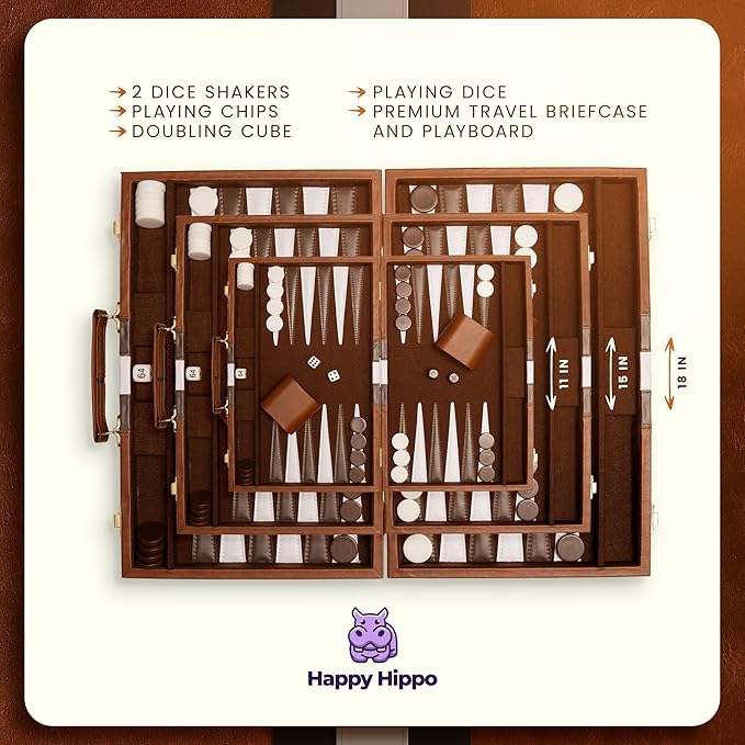 Backgammon Board Game, Deluxe Leather Like Case, Felt Interior, Brown, Classic Backgammon Game, Popular Board Game, Board Games (Medium (15"))