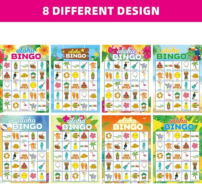Luau Bingo Game for Kids 24 Players Hawaiian Aloha Tropical Summer Luau Party Games Favors Supplies