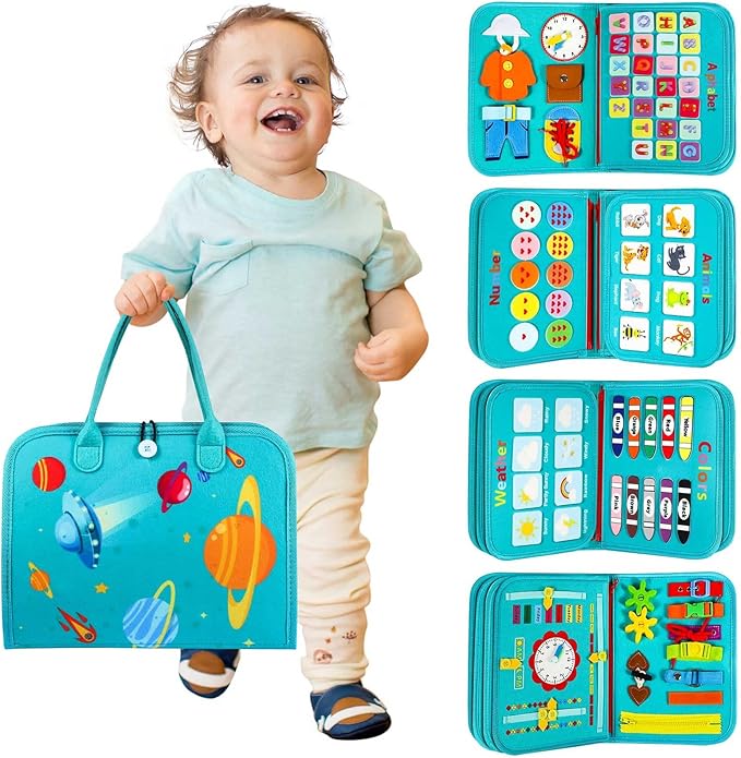 Toddler Busy Board - Montessori Toys for 2-3 Year Old Boy Birthday Gift, Educational Learning Sensory Busy Book for Two Year Old Boys, Airplane Car Travel Activities Toy for Kids Ages 2-4