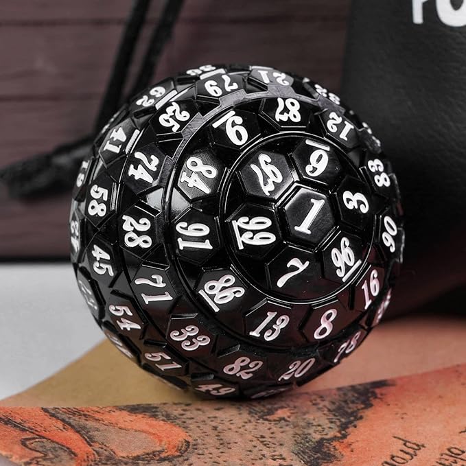 100 Sided Polyhedral Dice, Single D100 Game Dice, 100 Sided Cube with Black Pouch, D100 Dice 48 mm (Black with White Number)